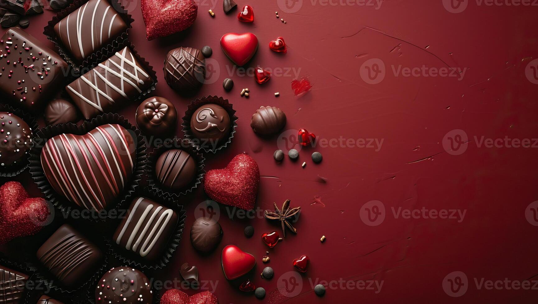 AI generated Chocolate candies on red background. Valentine's day background. photo