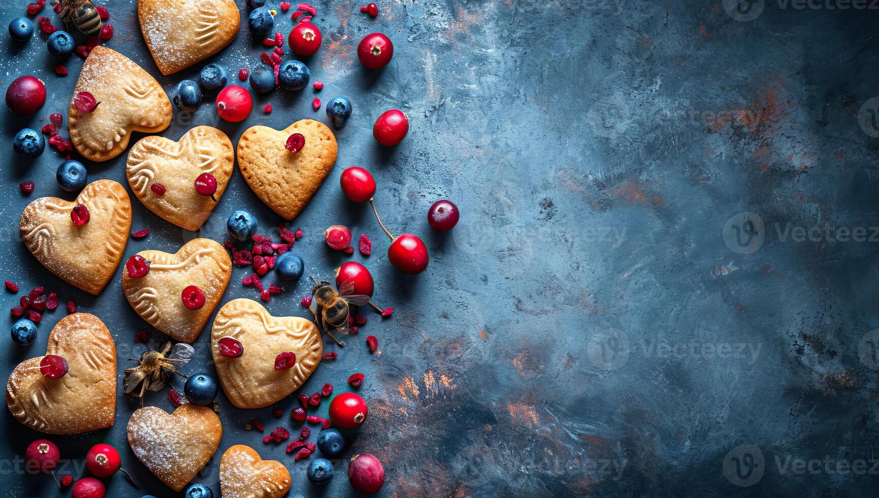 ai generado San Valentín día antecedentes con corazón conformado galletas y bayas. parte superior ver con Copiar espacio foto