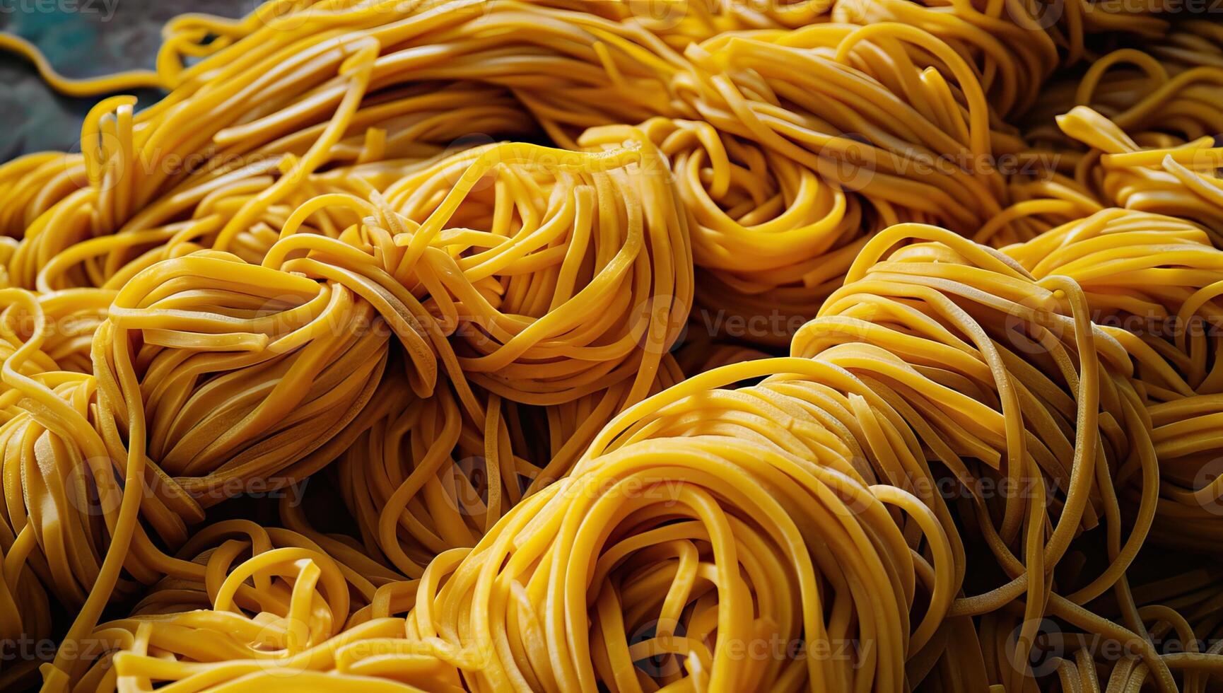 AI generated Closeup view of fresh uncooked yellow noodles photo