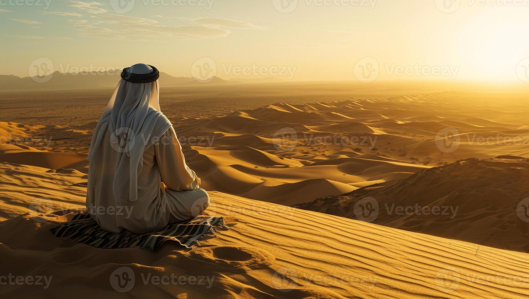 AI generated Arabian man meditating in desert at sunset photo