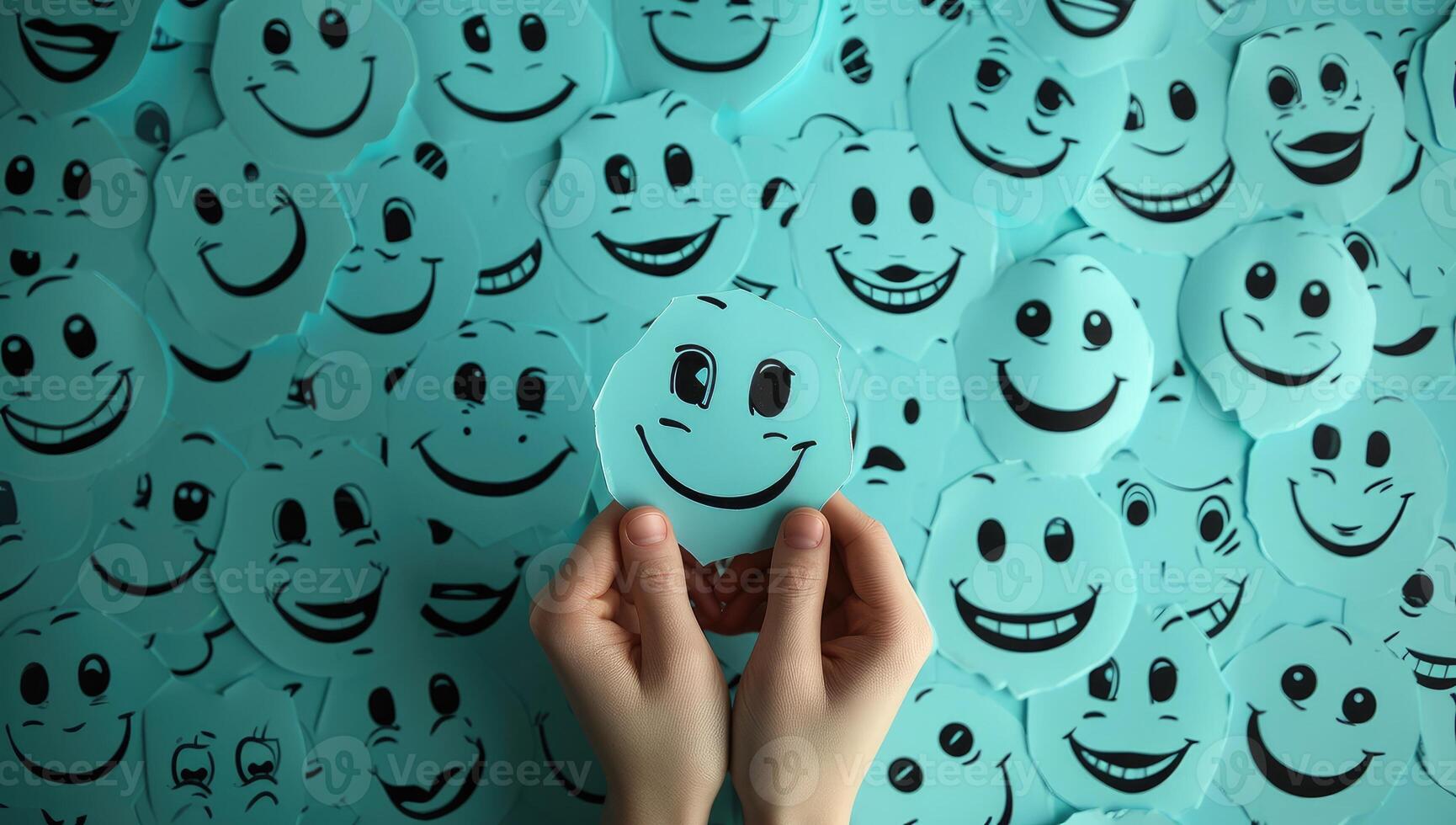 AI generated Female hand holding smiley faces on light blue background photo