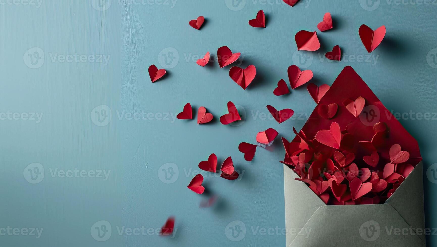 AI generated Valentine's day background. Red paper hearts fly out of an envelope on a blue background. photo
