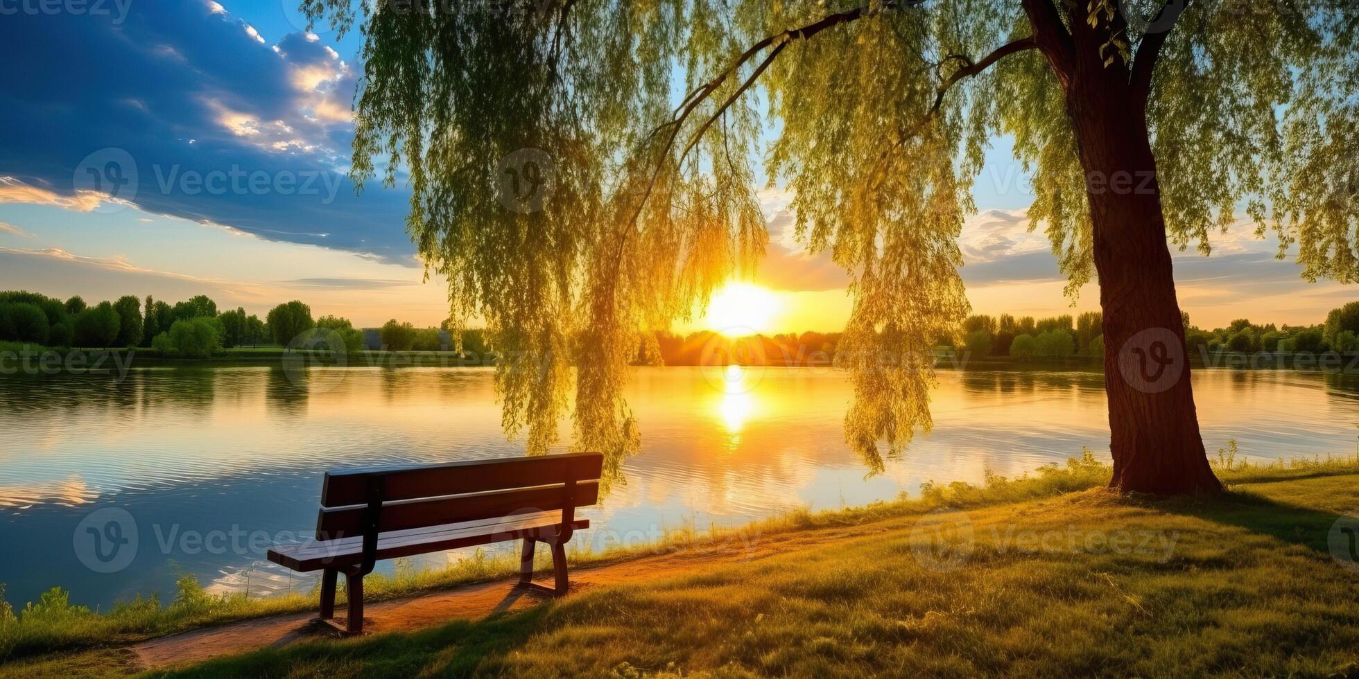 AI generated Sunset on the lake with a bench and willow trees. photo