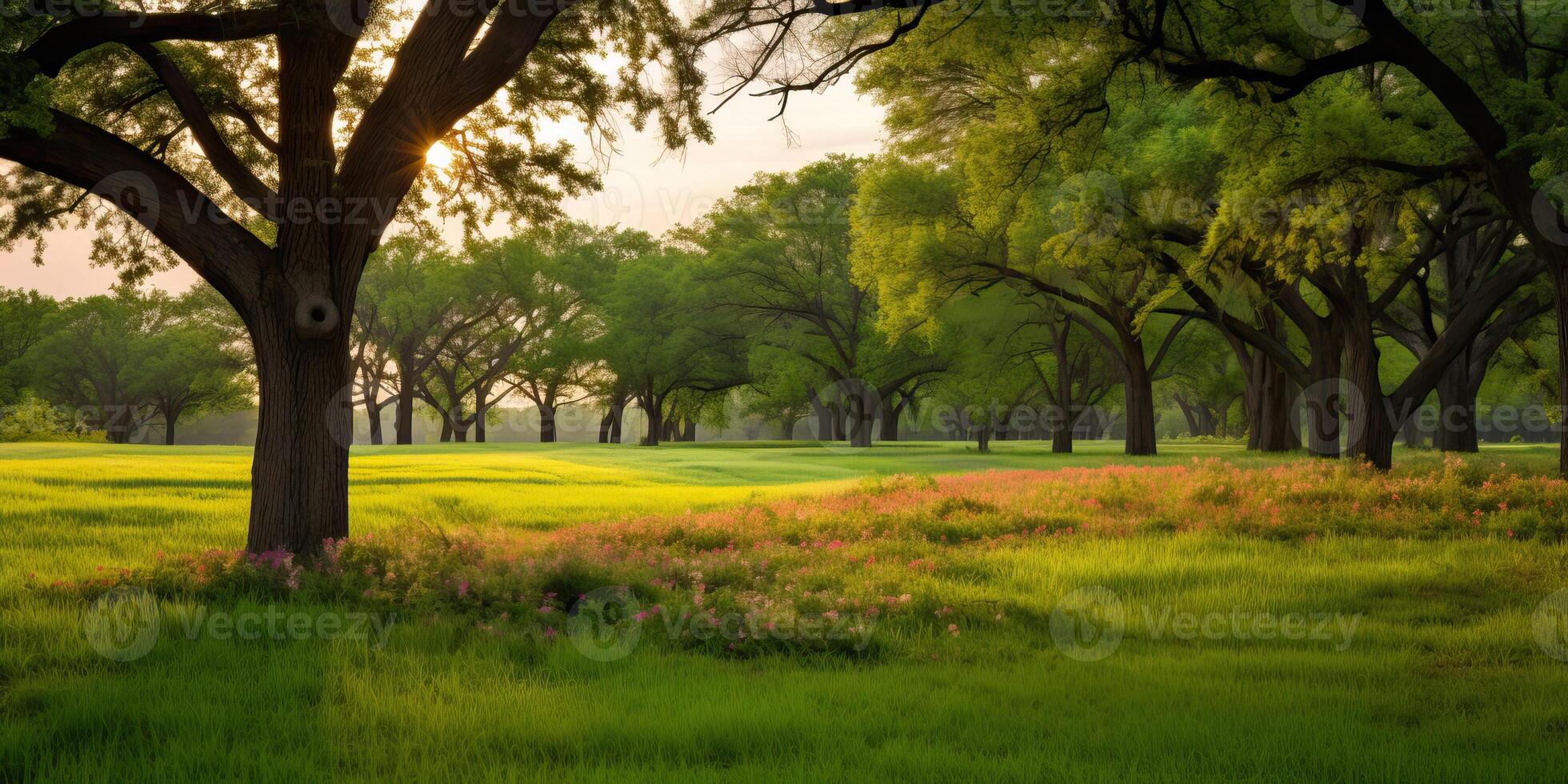 AI generated spring landscape with blooming field and trees in the morning photo