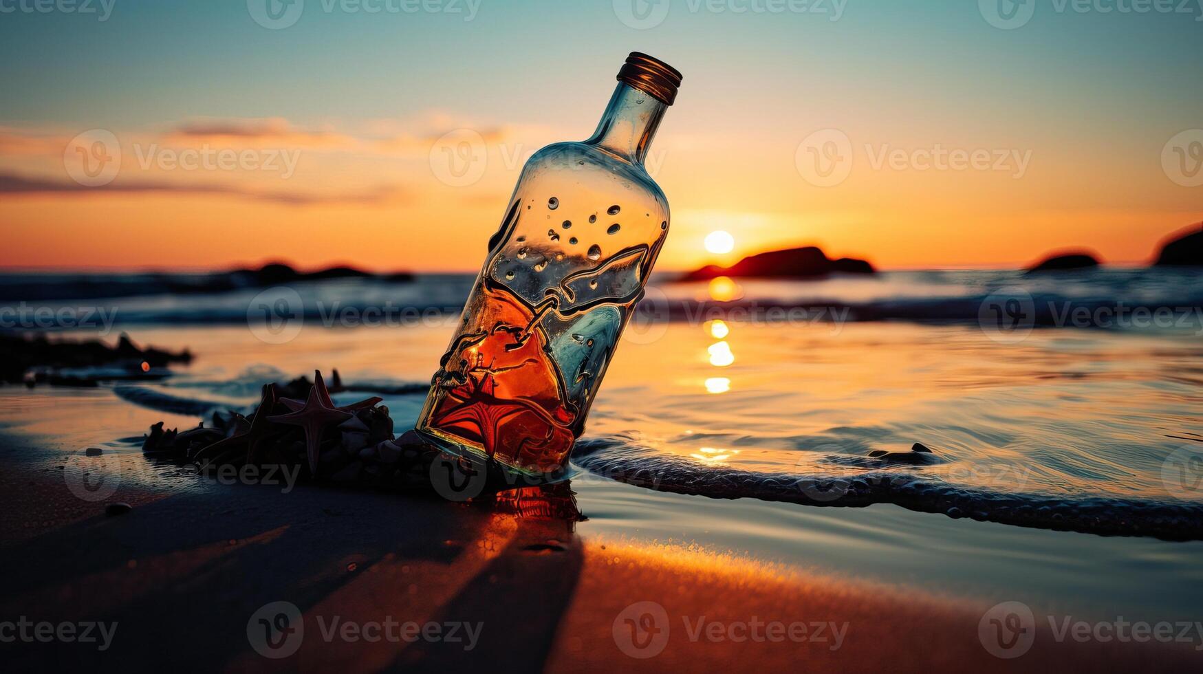 AI generated A bottle with a message inside on the beach at sunset photo