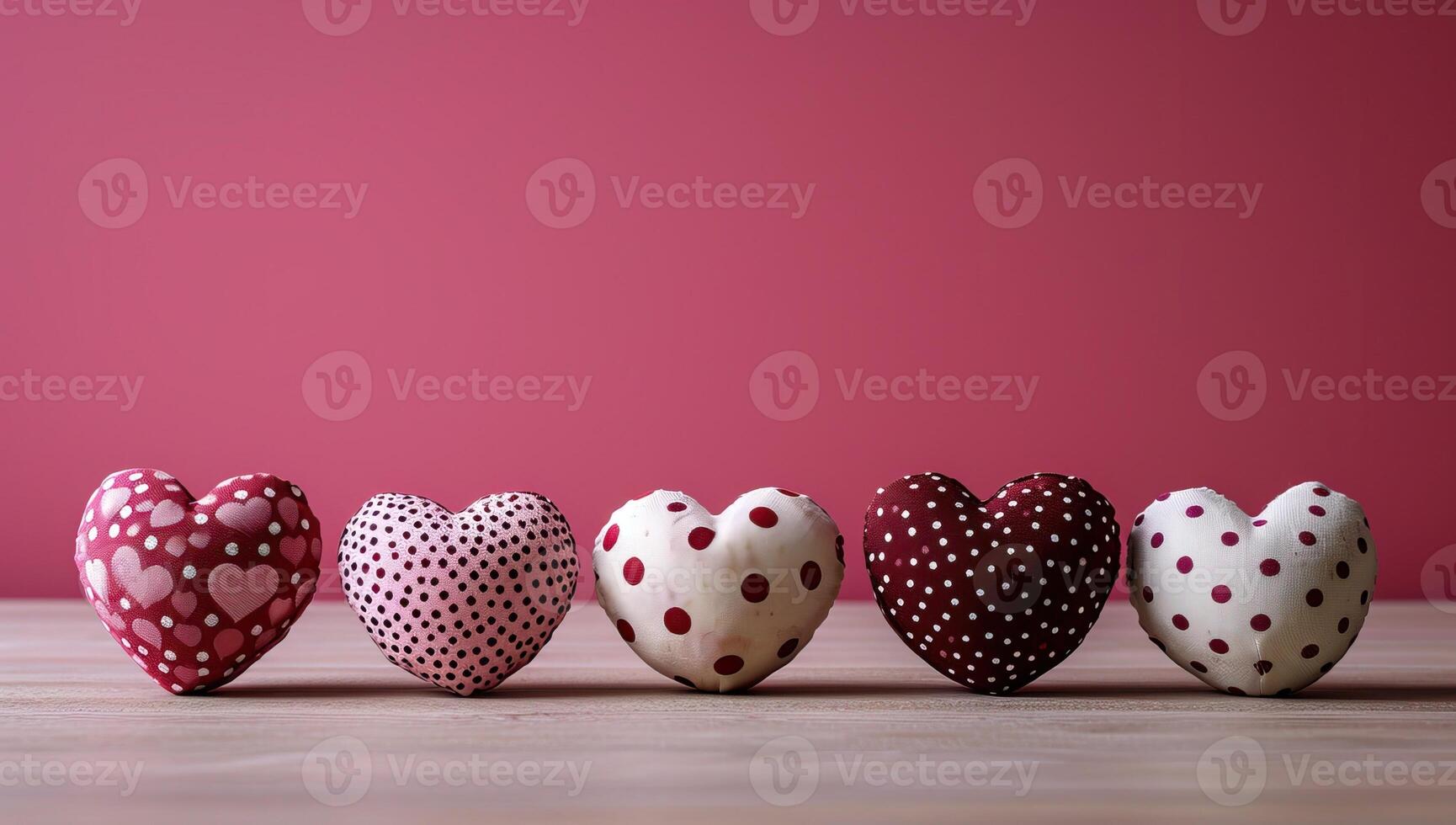 AI generated Valentine's day background with red hearts on wooden table. photo
