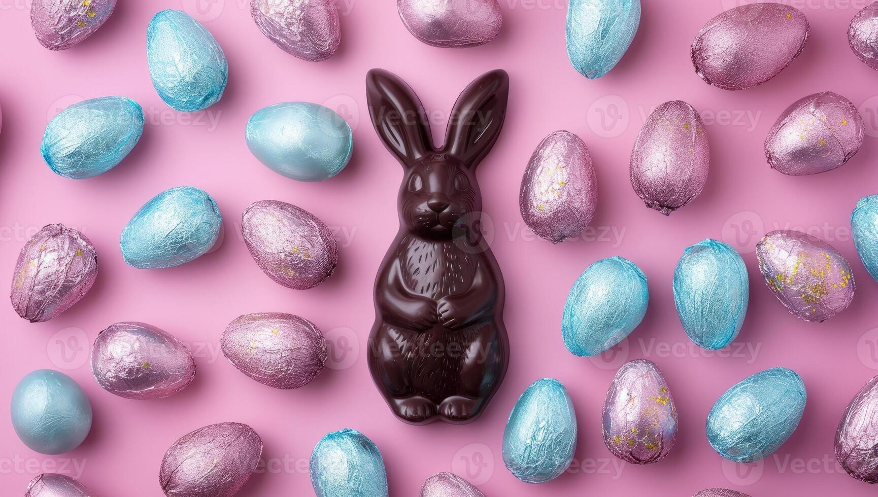 AI generated Chocolate bunny and easter eggs on pink background photo