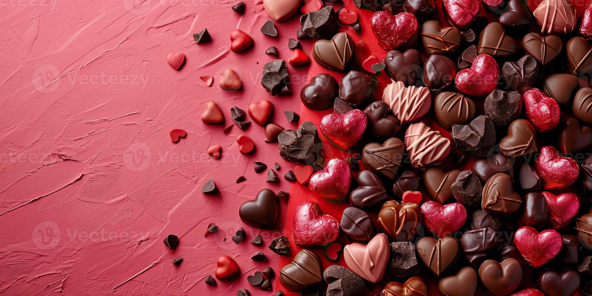 AI generated Chocolate candies in heart shape on red background. Valentines day concept. photo