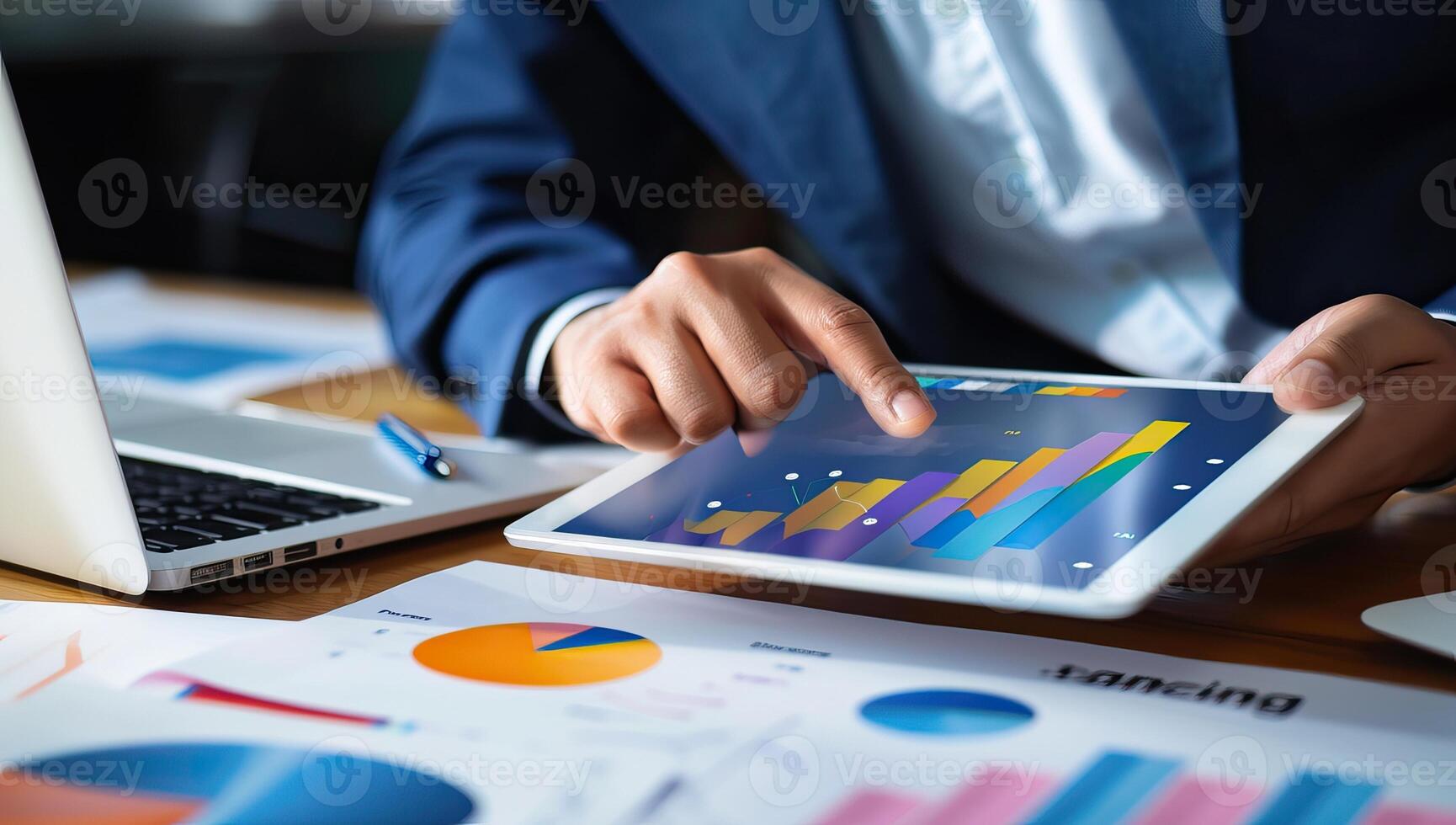 AI generated Business professional analyzing colorful graphs on tablet photo