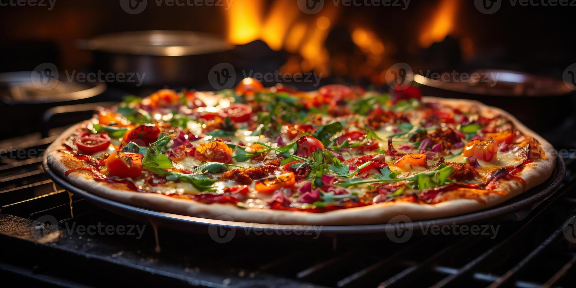 AI generated Pizza with tomatoes, mozzarella and arugula in the oven photo