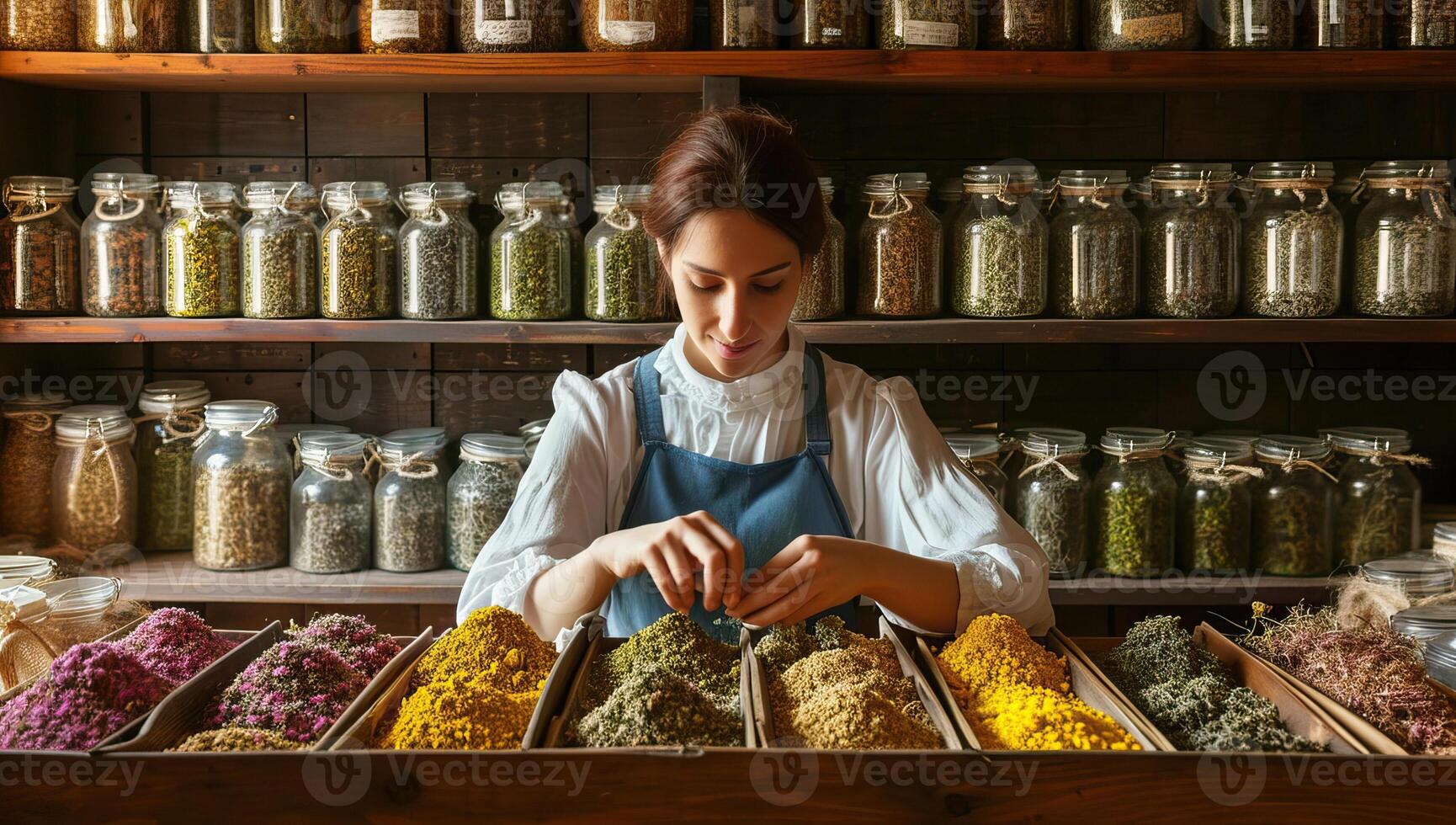 AI generated young woman in apron choosing spices in the spice shop photo