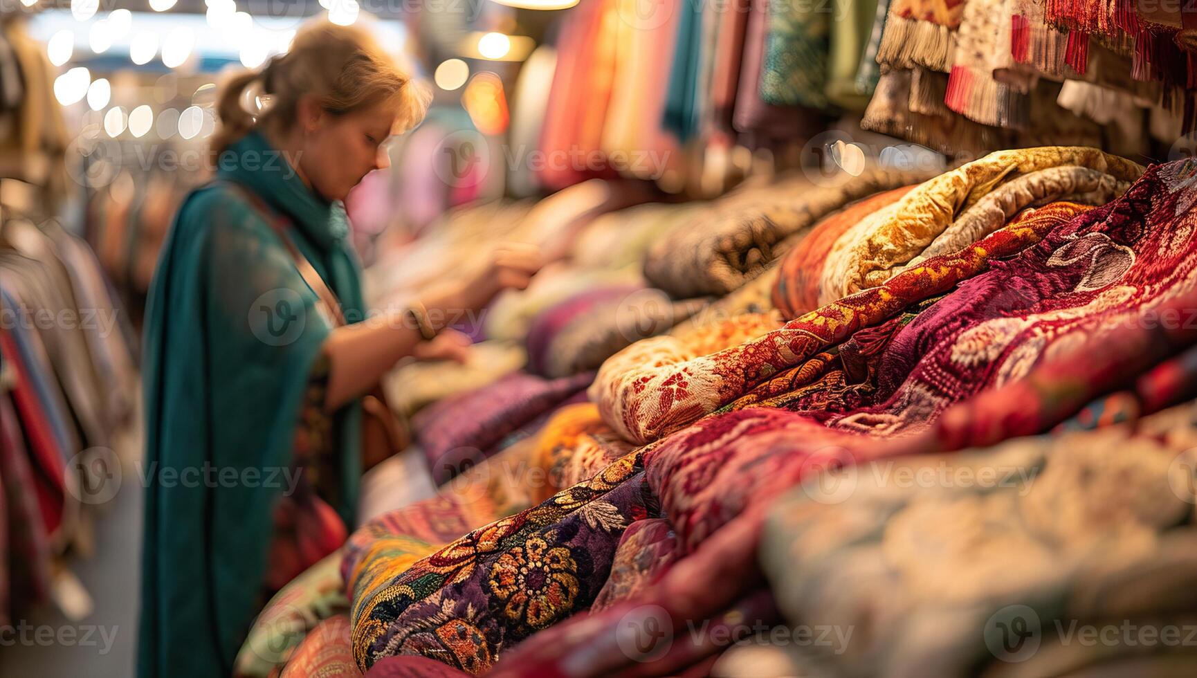 AI generated Woman chooses colorful shawls at the bazaar photo