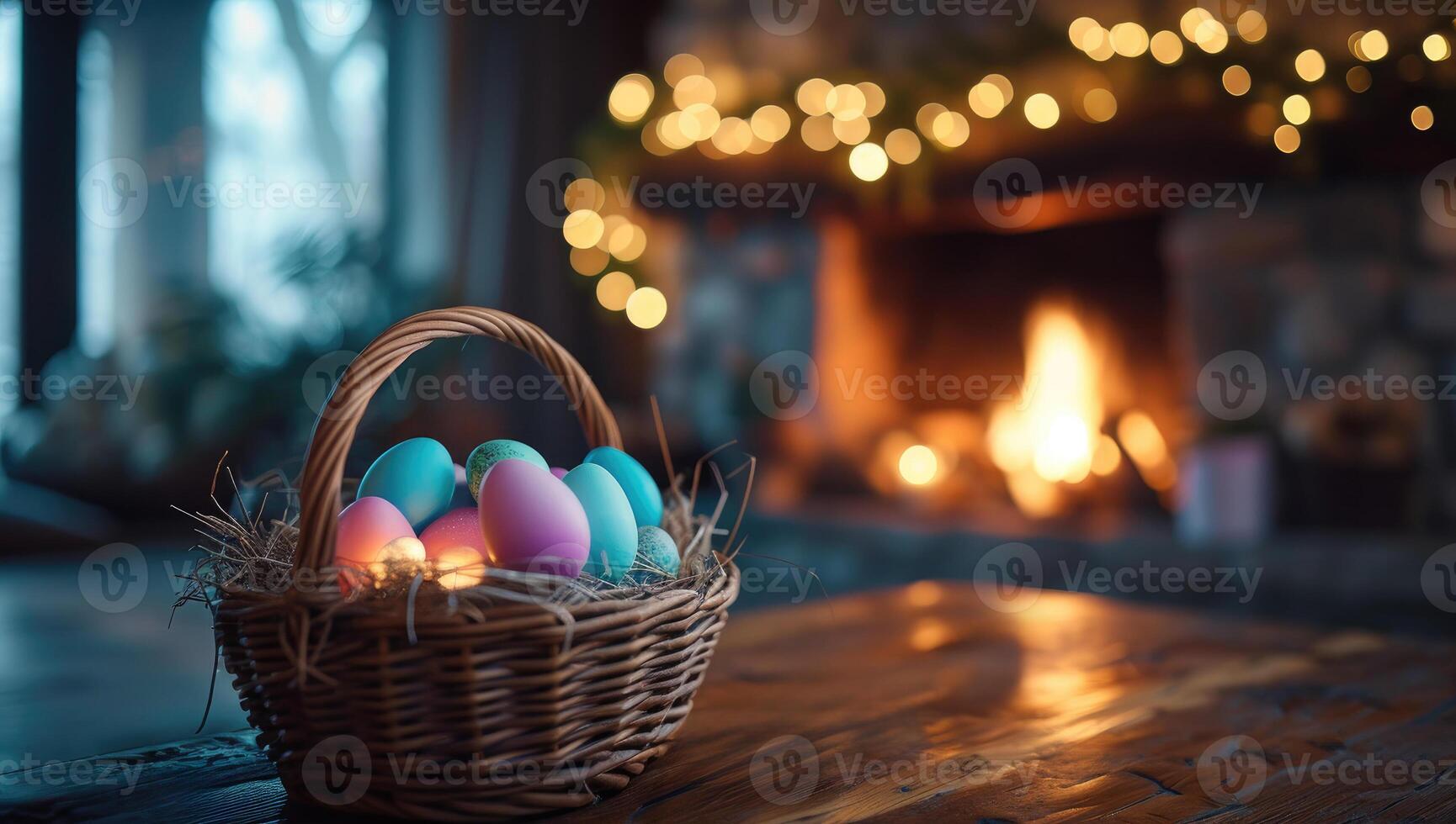AI generated Easter eggs in a basket by the warm fireplace photo