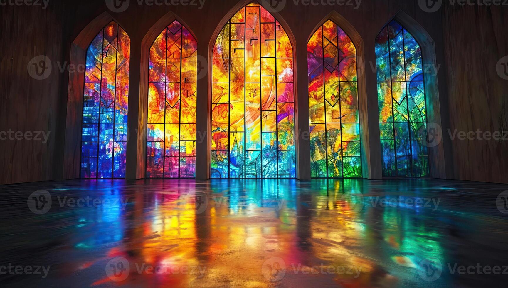 AI generated Colorful stained glass windows in a church with reflection on the floor photo