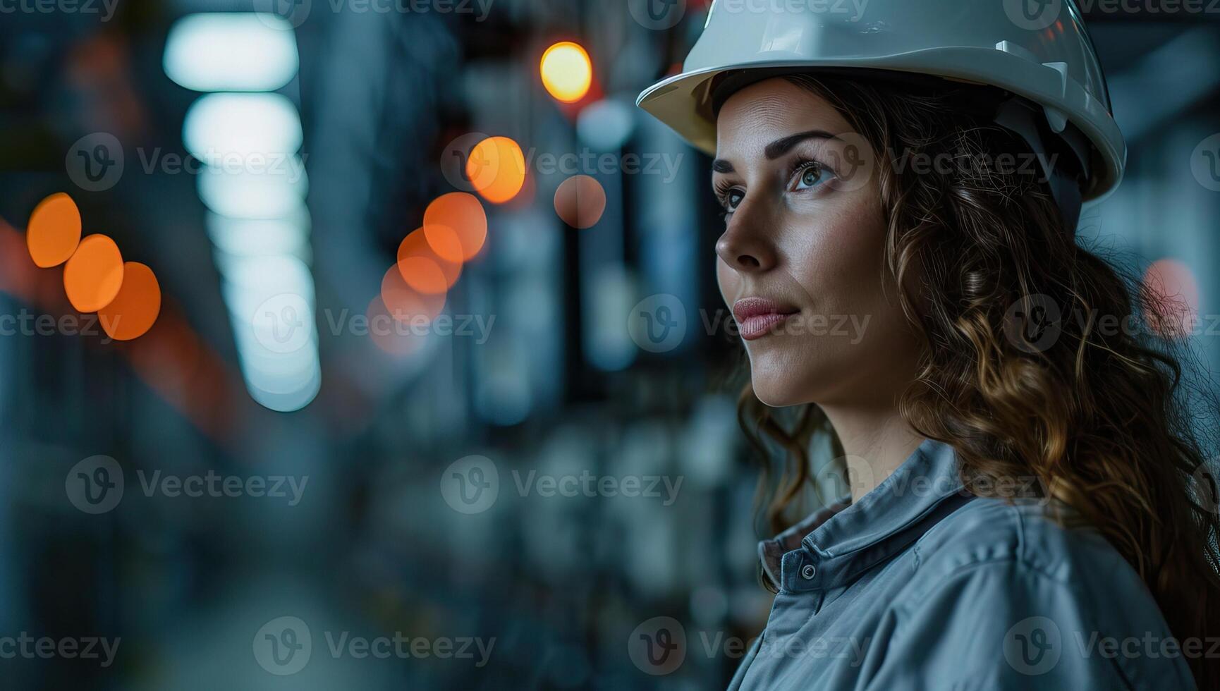 ai generado retrato de un hembra trabajador vistiendo un la seguridad casco y mirando lejos foto