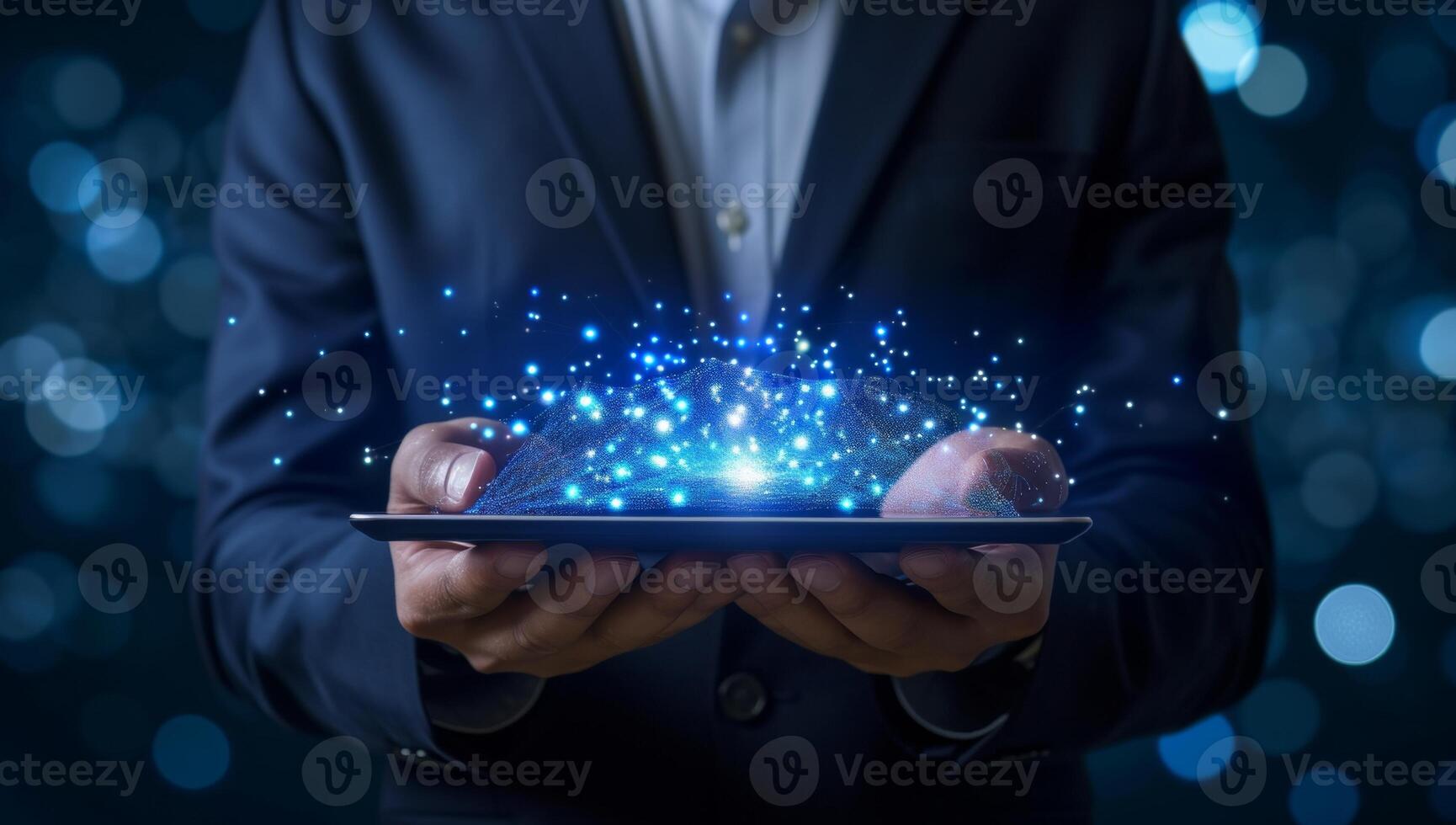 AI generated Businessman holding a tablet with blue glowing lights on a dark background photo