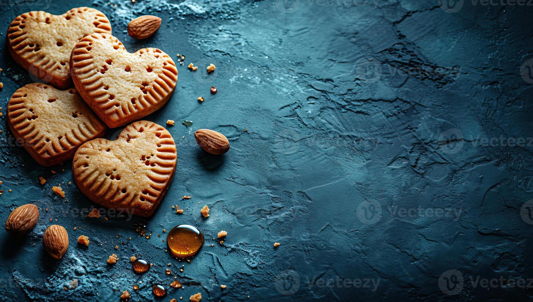 AI generated Heart shaped cookies and almonds on a textured blue surface photo