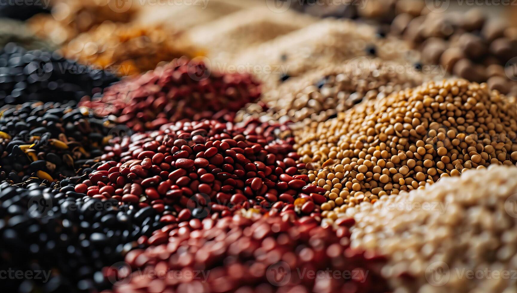 AI generated Variety of colorful grains and seeds in closeup photo