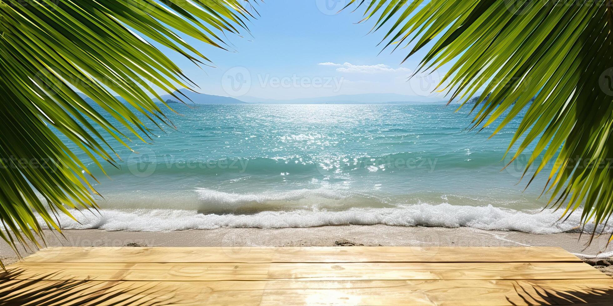 ai generado de madera mesa parte superior en tropical playa con palma hojas y mar antecedentes foto