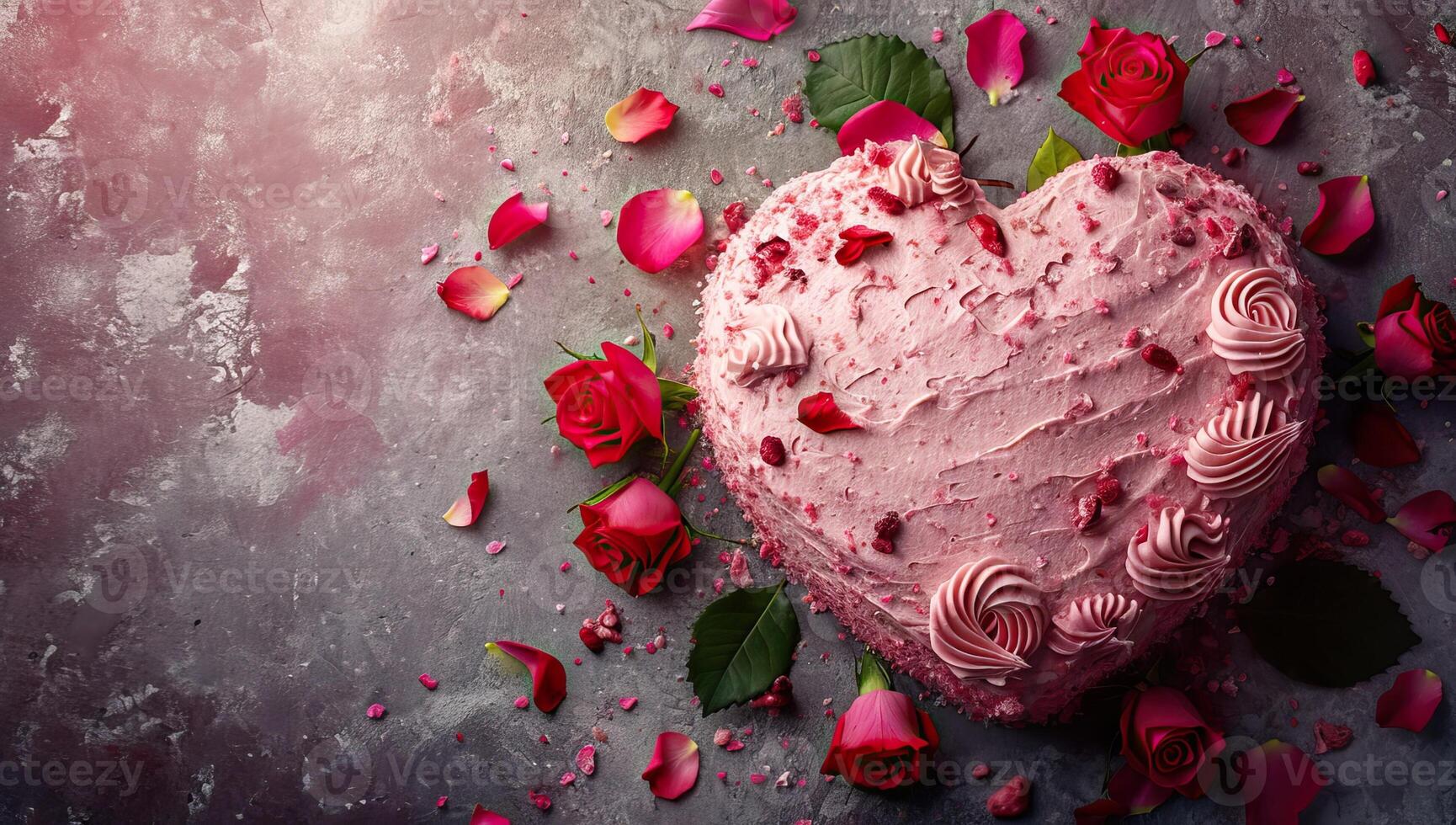 AI generated Valentine's Day heart-shaped cake with pink cream and rose petals photo