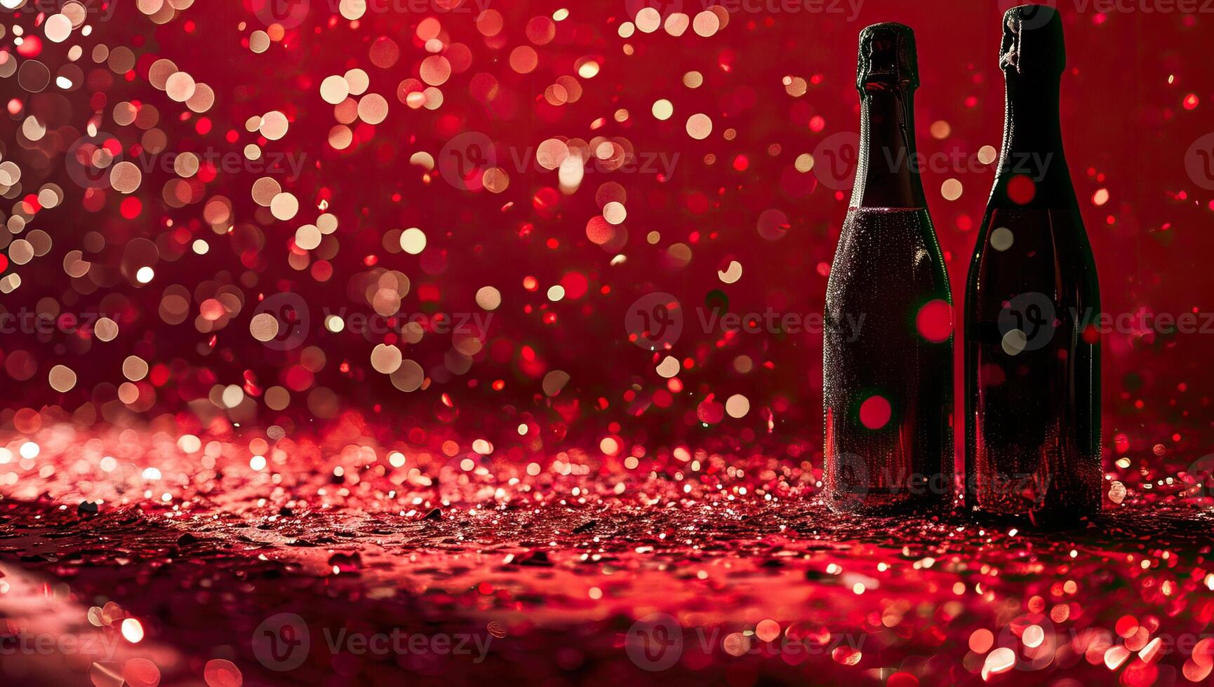 ai generado botella de champán en un rojo antecedentes con bokeh luces foto