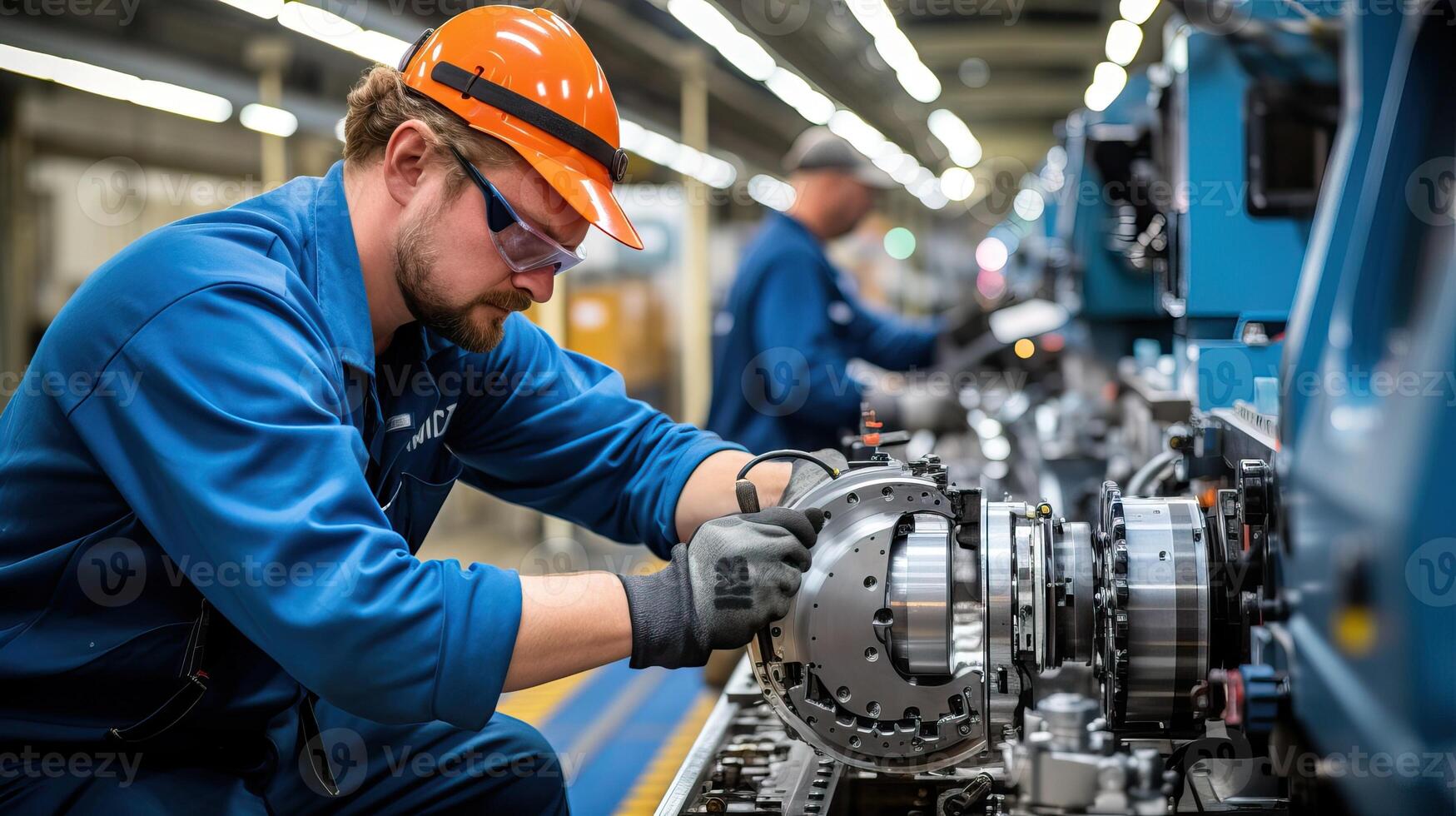 ai generado industrial trabajadores trabajando en un máquina en un fábrica foto