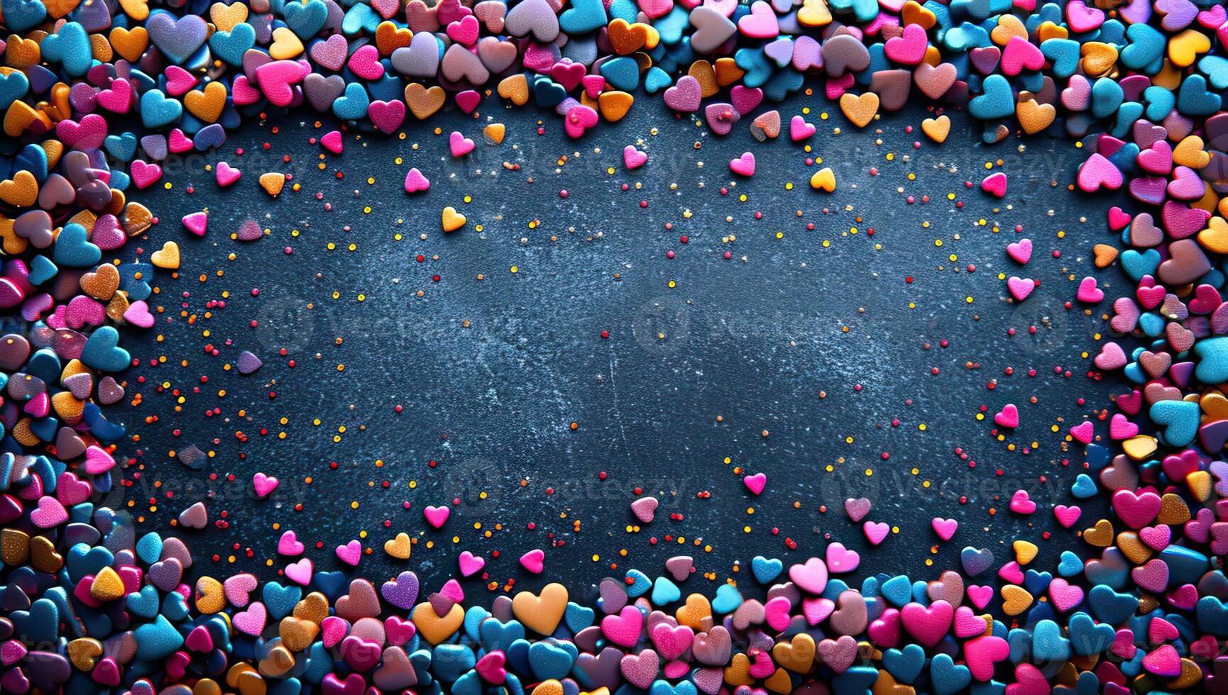 AI generated Valentine's day background. Colorful hearts on black background photo