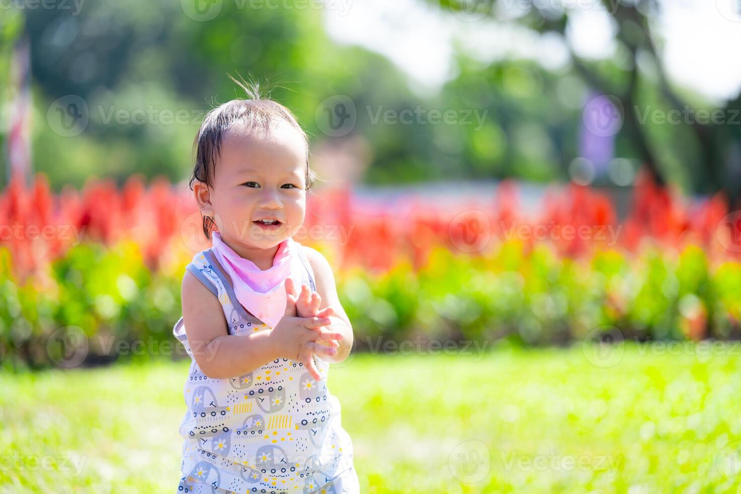 Joyful Toddler Clapping Hands in Flower Garden. Delighted baby boy claps his hands while standing in lush garden, with a backdrop of vivid red flowers and bright greenery. Asian child aged 1 year old. photo