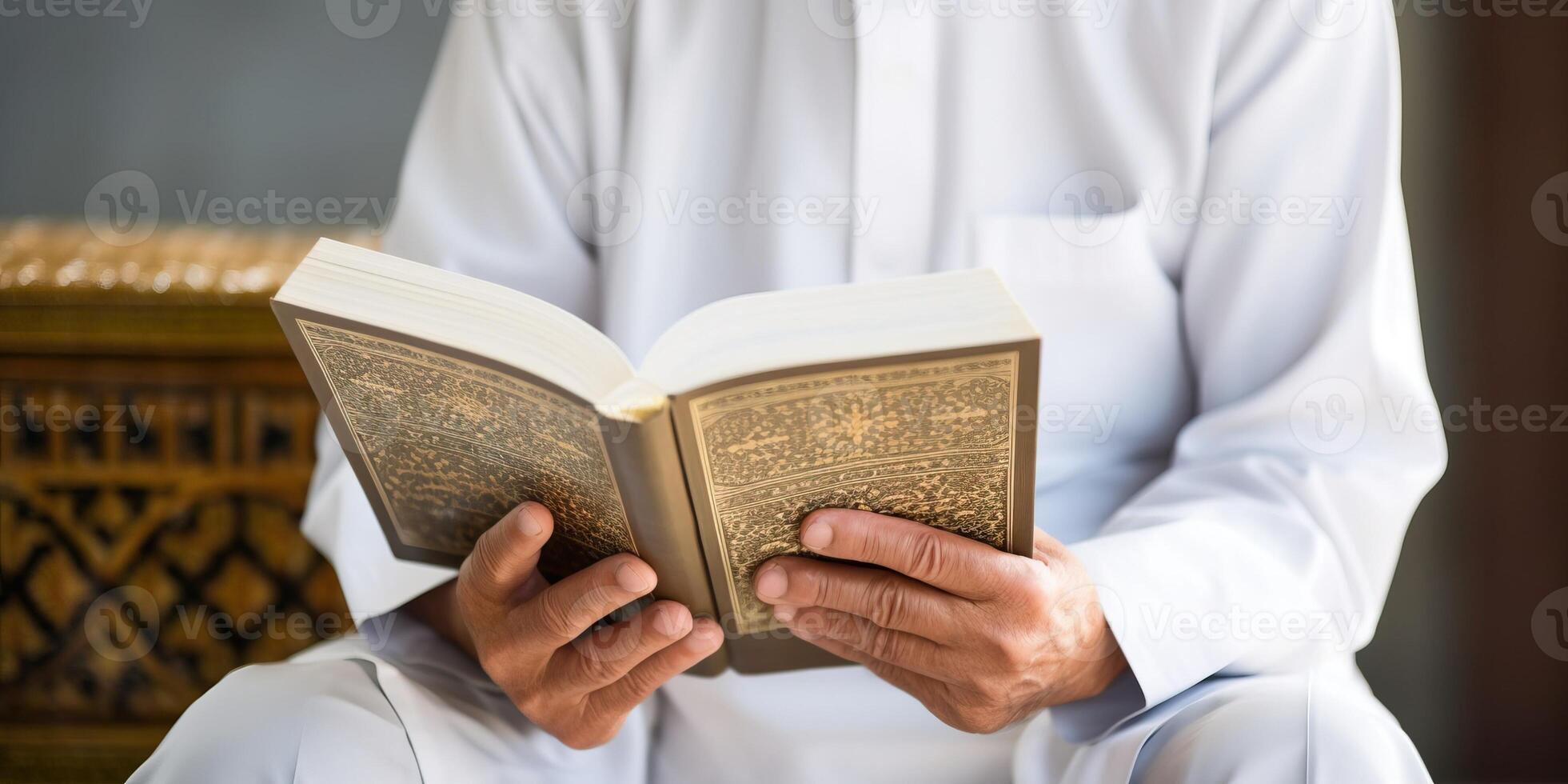 AI generated Muslim man reading holy quran in mosque, Ramadan Kareem concept photo