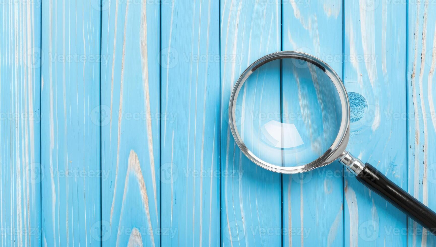 AI generated Magnifying glass on vibrant blue wooden texture photo