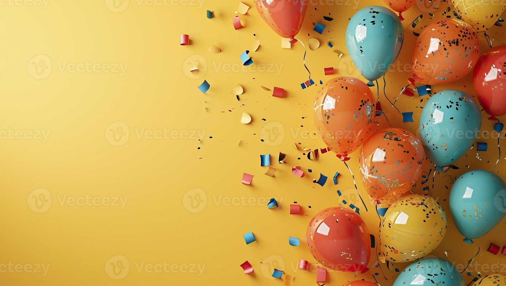 AI generated Colorful balloons and confetti on yellow background photo