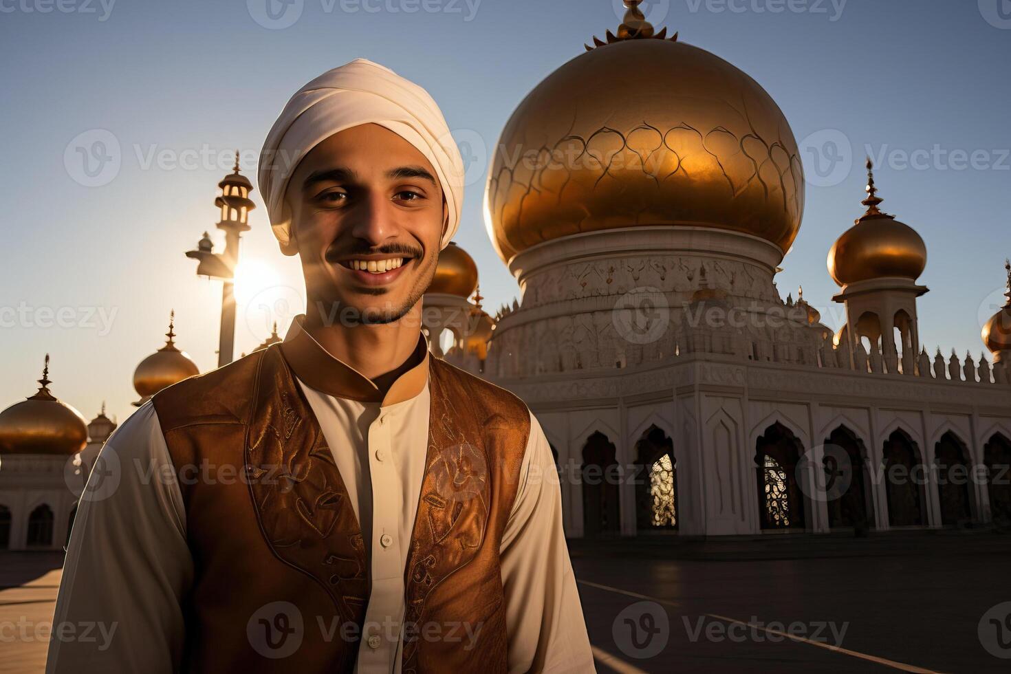 ai generado retrato de un contento musulmán hombre en frente de el mezquita foto