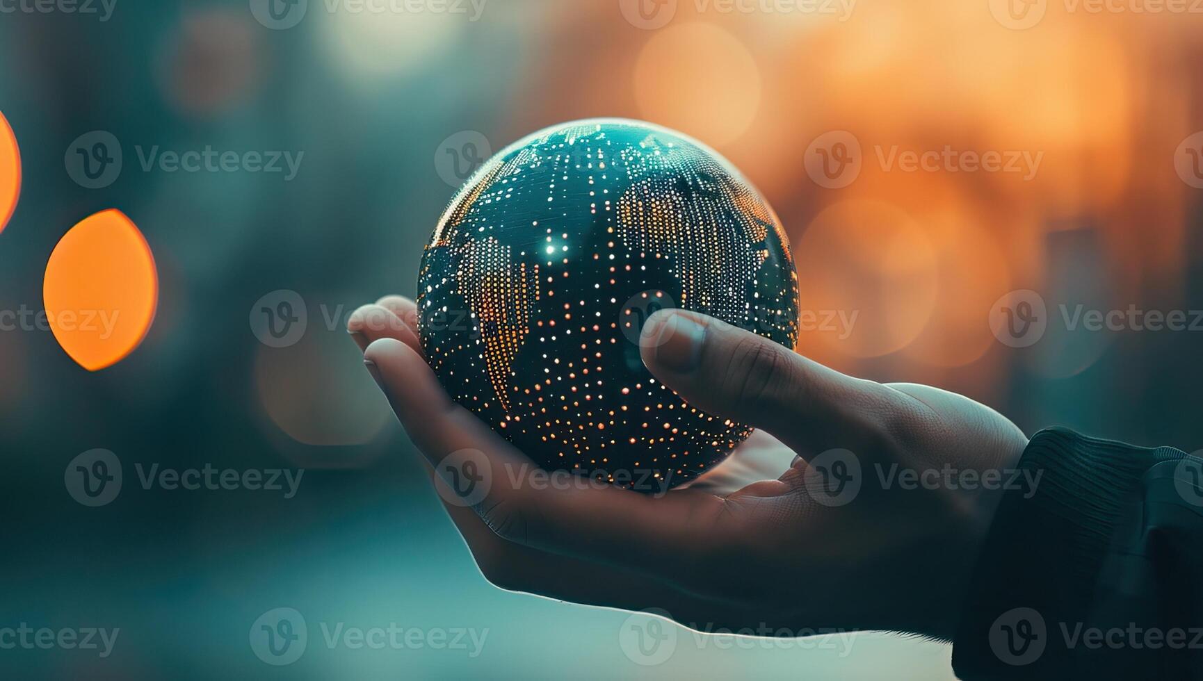 AI generated Close up of human hand holding the globe with bokeh background photo