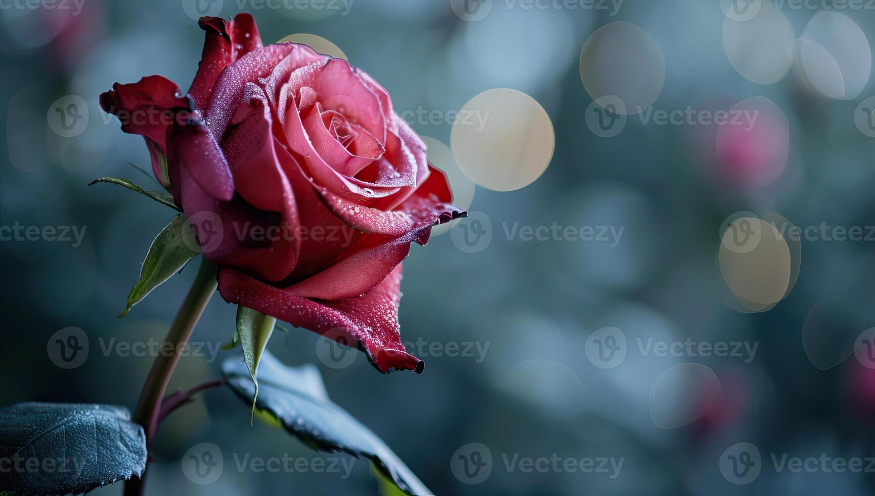 AI generated red rose with dew drops on a bokeh background photo