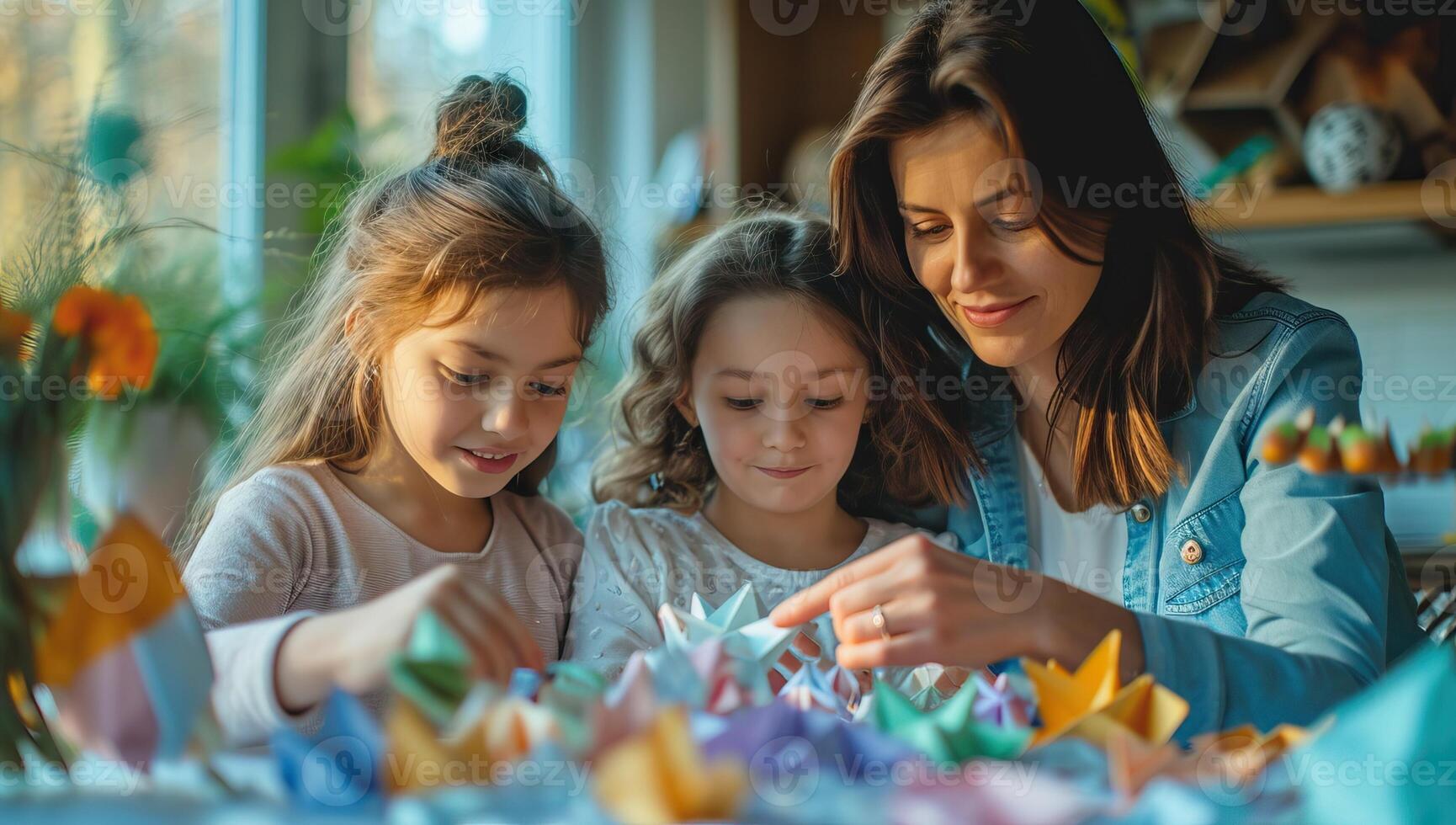 AI generated Mother and daughters making origami at home. Motherhood concept. photo