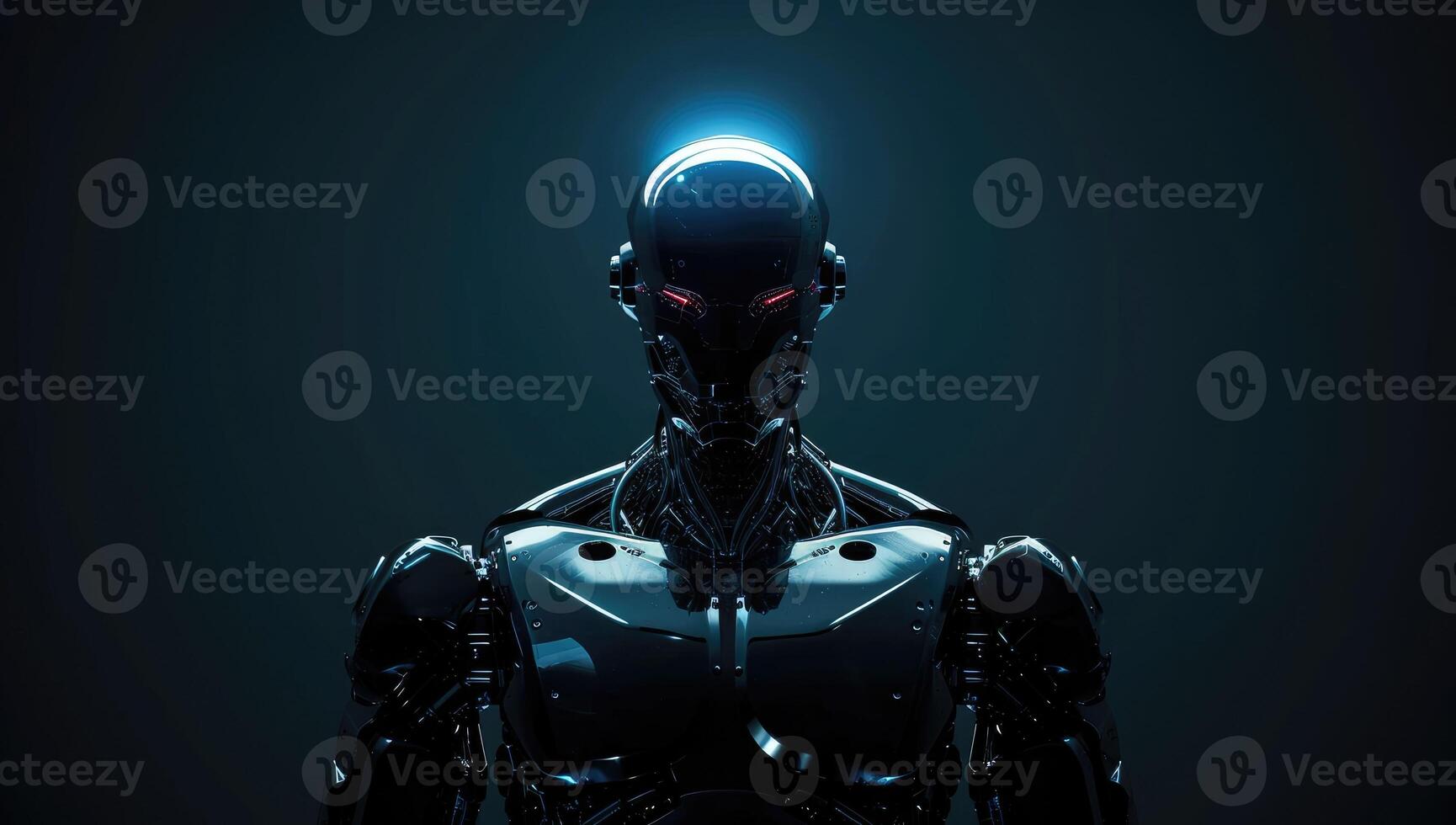 AI generated Futuristic robot with glowing eyes in the dark photo