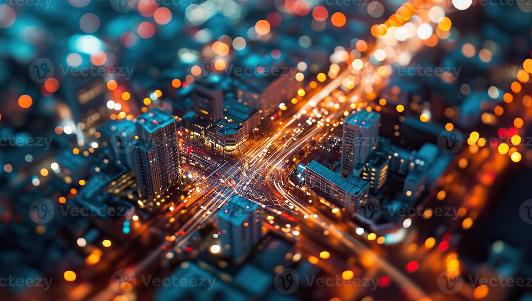 ai generado iluminado paisaje urbano a noche con brillante tráfico caminos foto