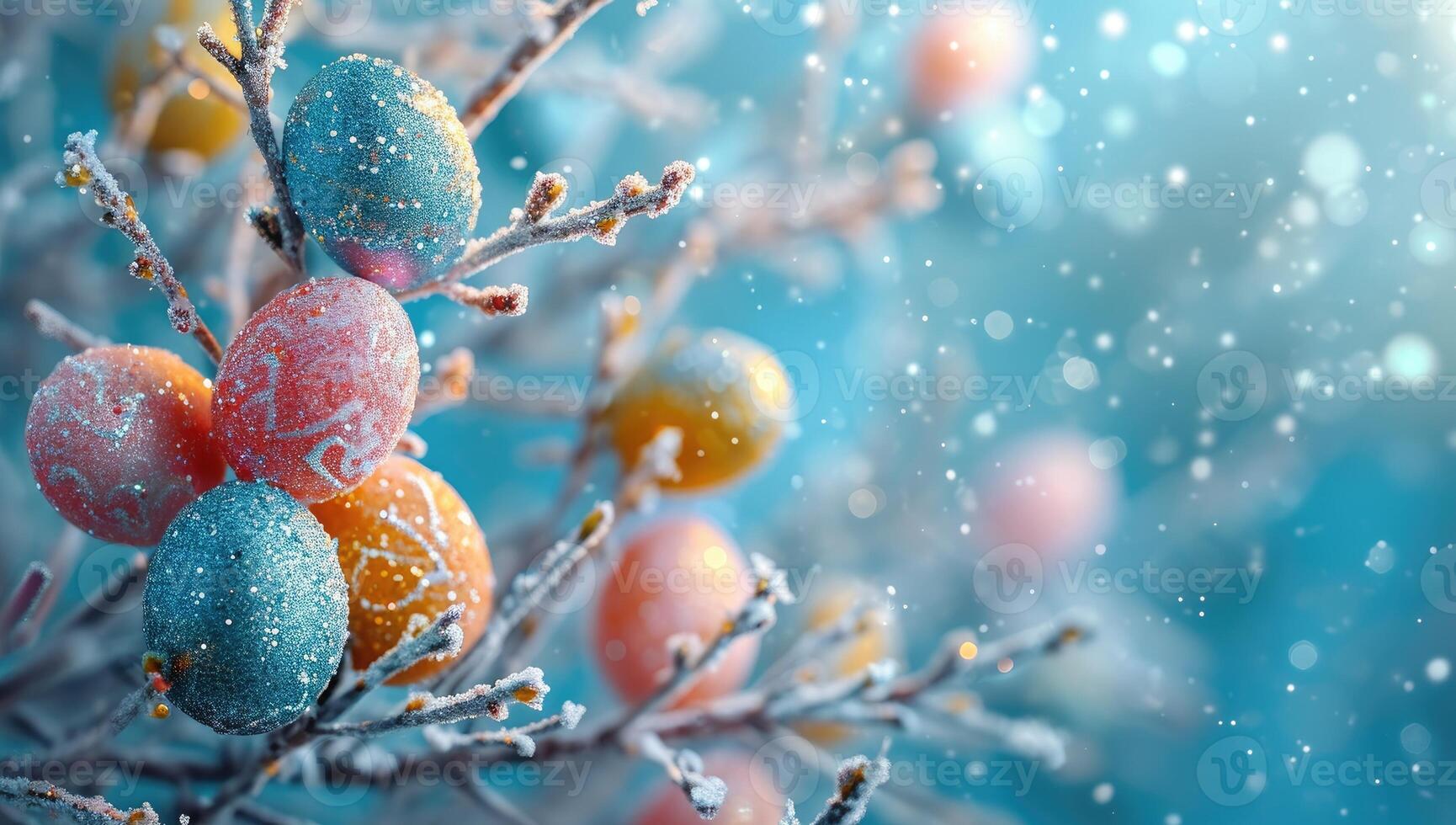 AI generated Colorful Easter eggs adorn frozen branches amidst falling snowflakes photo