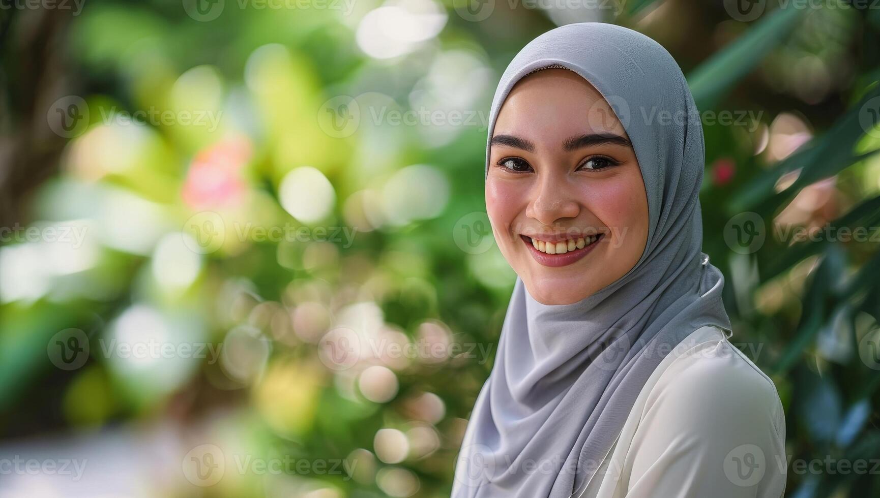 AI generated Portrait of beautiful young Asian muslim woman with hijab smiling. photo