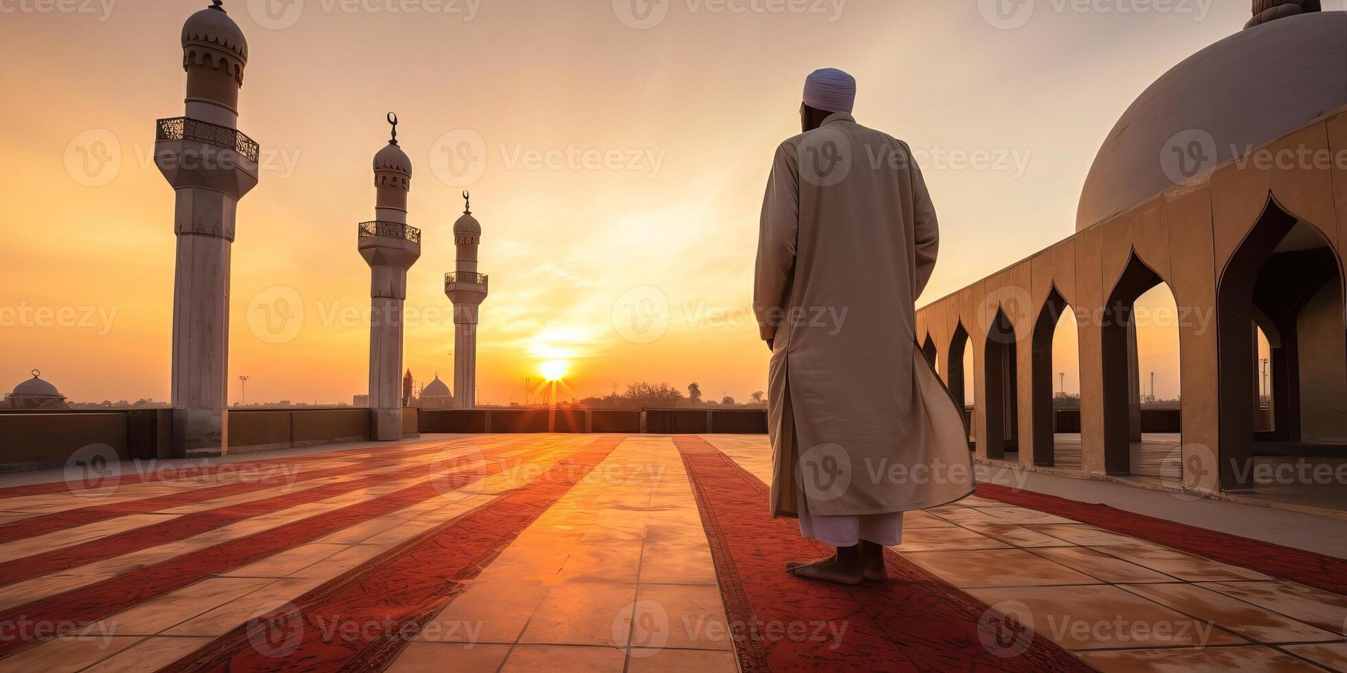 AI generated Man walking in front of Mosque at sunset photo