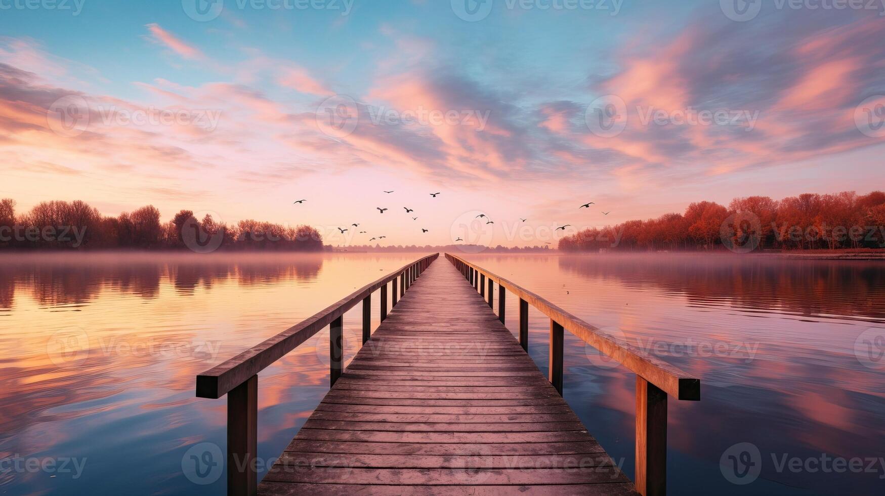 ai generado de madera embarcadero en un lago a amanecer con volador aves en el cielo foto