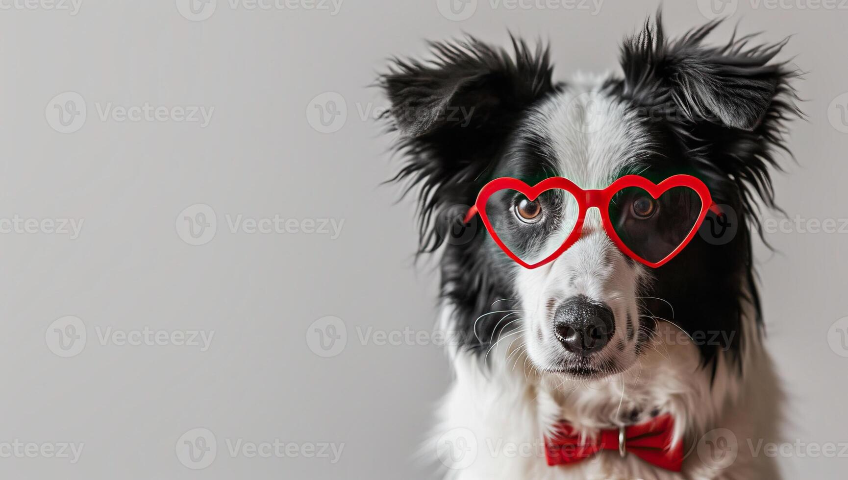 AI generated Funny portrait of puppy dog border collie wearing red heart shaped glasses isolated on grey background. Love and valentines day concept photo