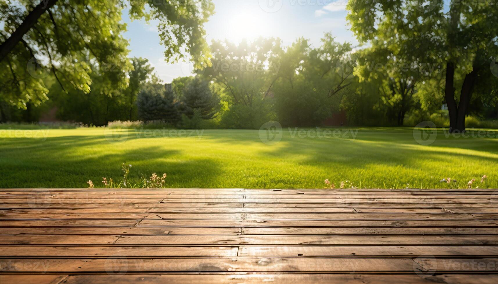 AI generated Wooden floor in the park with green grass and trees in the background photo