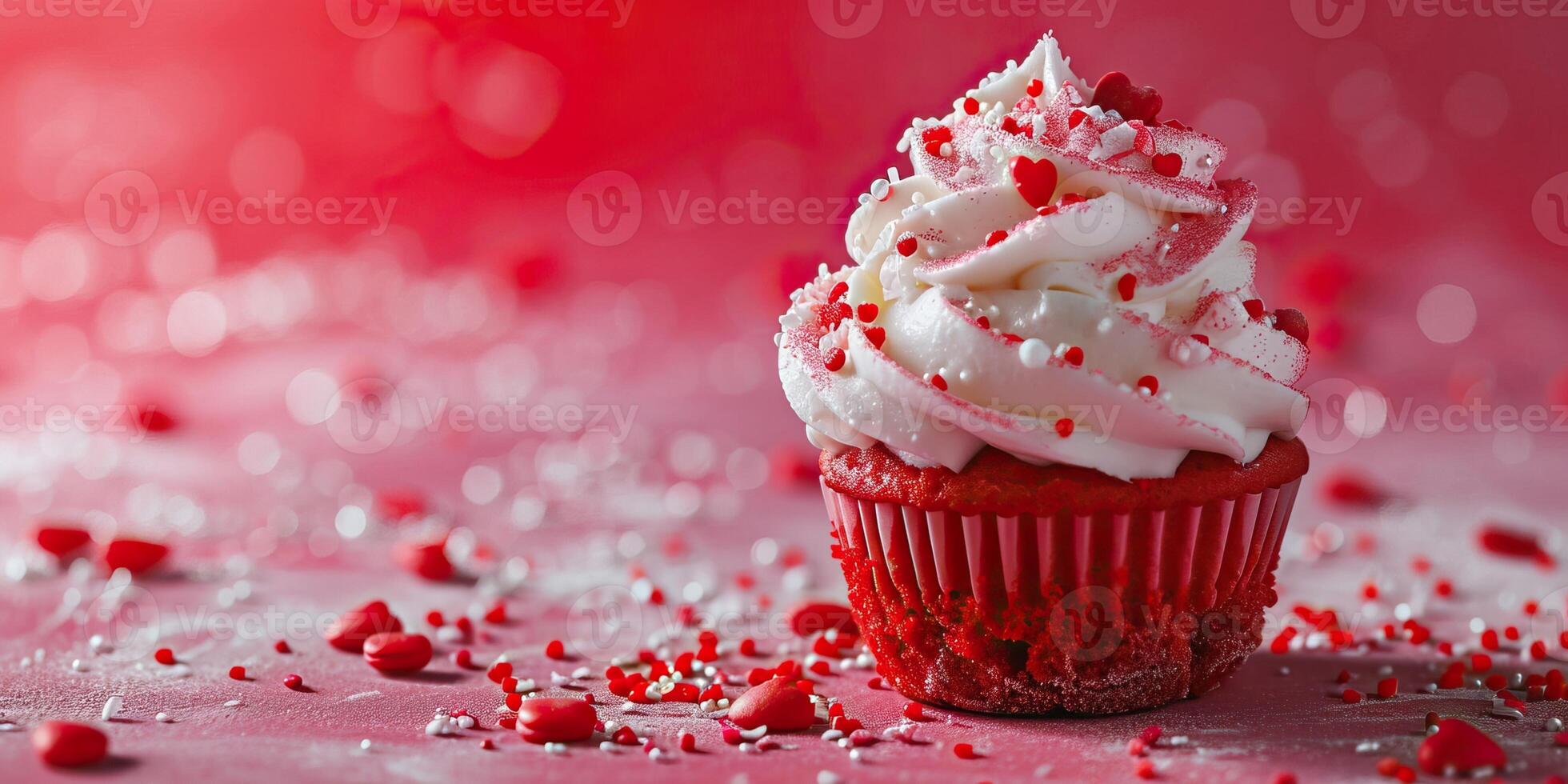 AI generated Valentine's day cupcake with red hearts on red background photo