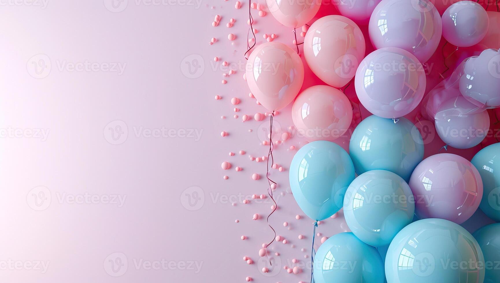 AI generated Colorful balloons on pink background with copy space for text. photo