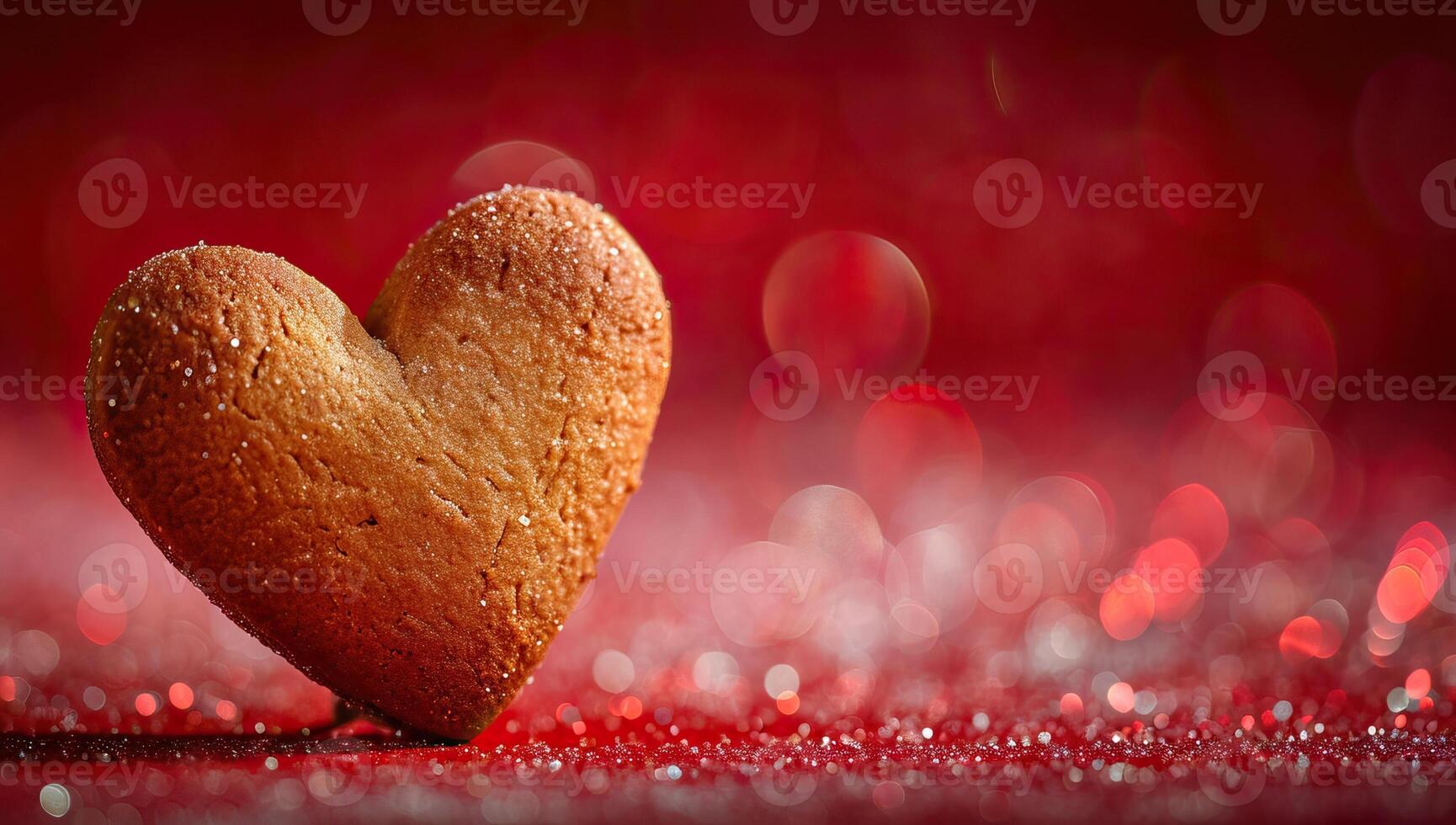 ai generado corazón conformado Galleta en rojo bokeh antecedentes con Copiar espacio foto