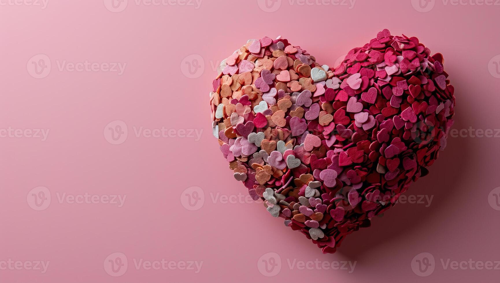 AI generated Heart shaped decoration made of colorful flower petals on a pink background. Valentines day concept photo