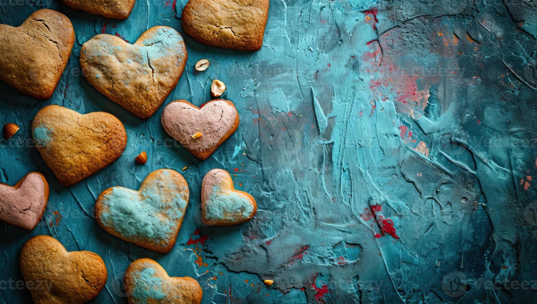 AI generated Homemade cookies in the form of hearts on a blue background. photo
