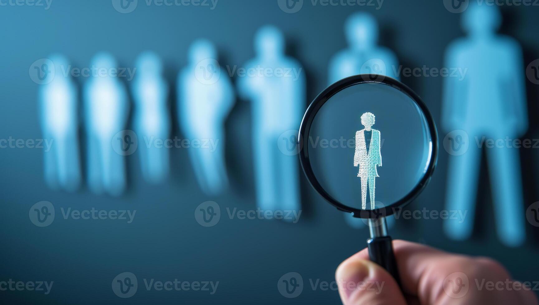 AI generated Magnifying glass with a silhouette of a man and a group of people photo