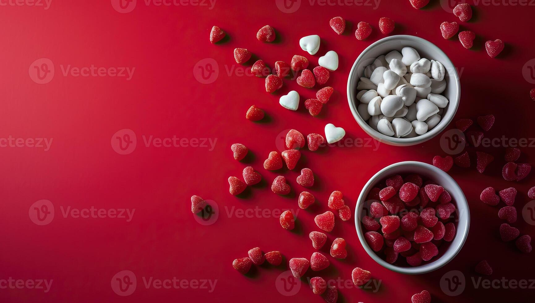 AI generated Valentine's day background. Red and White Heart Shaped Candies in Bowls on a Red Background. photo